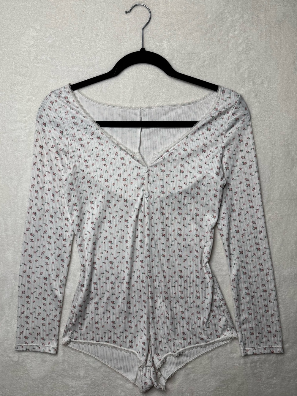 Coquette White Ribbed Floral Long-Sleeve Mini Shorts Lounge Bodysuit/Romper